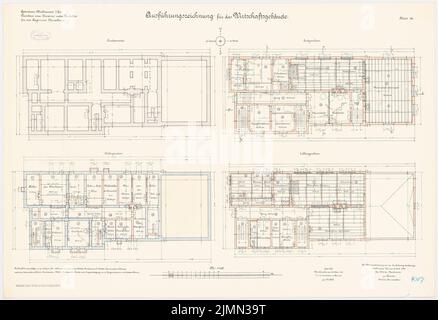 Benda, Kavallerie-Kaserne in Mülhausen (1906-1908): Hofgebäude: Grundrisse Fundamente, Keller, EG 1: 100. Lithographie, 66,4 x 97 cm (einschließlich Scankanten) Stockfoto