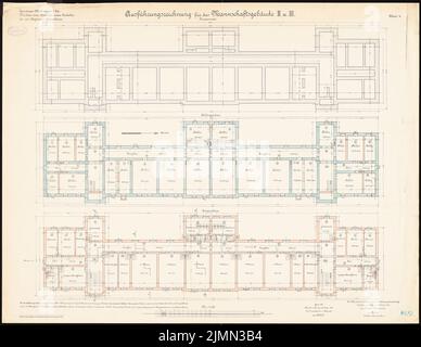 Benda, Kavallerie-Kaserne in Mülhausen (1906-1908): Mannschaftsgebäude II. Und III: Grundrisse Fundamente, Keller, Erdgeschoss 1: 100. Lithographie, 74 x 95,7 cm (einschließlich Scankanten) Stockfoto