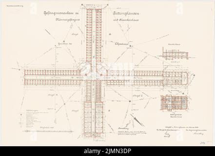 Unbekannter Architekt, Gefängnis Lüttringhausen (1906): Krankenhaus: Grundriß Keller, Erdgeschoss, Längsschnitt. Männergefängnis: Grundriß Erdgeschoss 1: 200. Lithographie, 69,7 x 102,3 cm (einschließlich Scankanten) Stockfoto