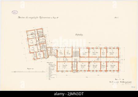 Unbekannter Architekt, evangelisches Lehrerseminar in Lissa (1909): Grundriß Erdgeschoss 1: 100. Lithographie, 66,6 x 101,2 cm (einschließlich Scankanten) Stockfoto