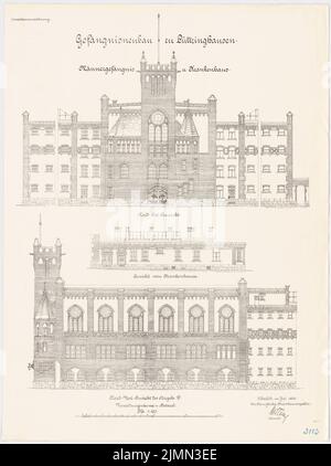 Unbekannter Architekt, Gefängnis Lüttringhausen (1906): Männergefängnis: Obere Nordostansicht, Nordwestansicht 1: 100. Krankenhaus: Riss 1: 100. Lithographie, 71,1 x 53,1 cm (einschließlich Scankanten) Stockfoto