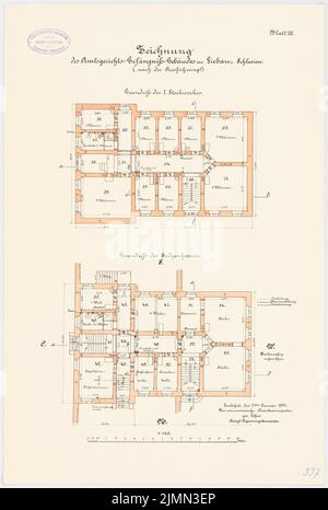 Unbekannter Architekt, Bezirksgericht Gefängnis Liebau (1891): Grundriß Erdgeschoss, Obergeschoss 1: 100. Lithographie, 51,8 x 34,8 cm (einschließlich Scankanten) Stockfoto