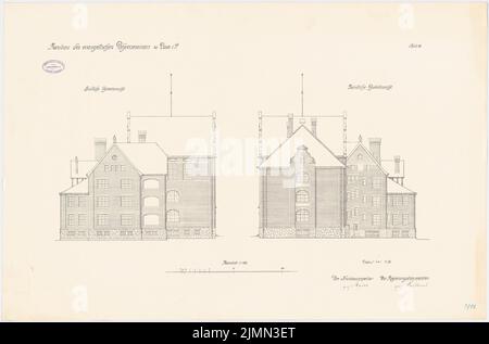 Unbekannter Architekt, evangelisches Lehrerseminar in Lissa (1909): Nordansicht, Südansicht (Giebelansichten) 1: 100. Lithographie, 66,5 x 100,7 cm (einschließlich Scankanten) Stockfoto