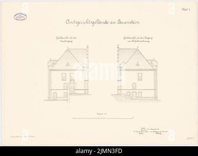 Unbekannter Architekt, Amtsgericht in Lauenstein (1895): Drehende Giebel-Ansichten 1: 100. Lithographie, 51 x 69 cm (einschließlich Scankanten) Stockfoto