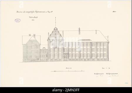 Unbekannter Architekt, evangelisches Lehrerseminar in Lissa (1909): Osternansicht (Vorderansicht) 1: 100. Lithographie, 66,5 x 100,7 cm (einschließlich Scankanten) Stockfoto