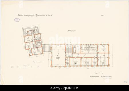 Unbekannter Architekt, evangelisches Lehrerseminar in Lissa (1909): Grundriß 2. Etage 1: 100. Lithographie, 66,3 x 100,8 cm (einschließlich Scankanten) Stockfoto