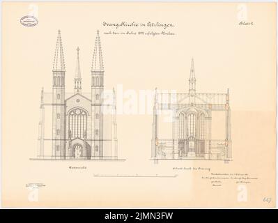 Unbekannter Architekt, Evangelische Kirche in Letzlingen (1892): Obere Westansicht, Querschnitt 1: 100. Lithographie, 53,3 x 70,9 cm (einschließlich Scankanten) Stockfoto