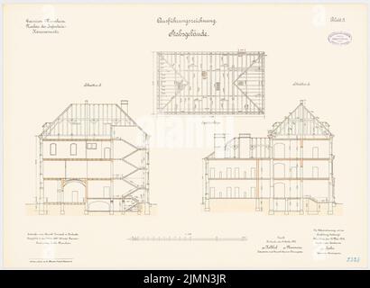 Jannasch, Garnison der Infanteriesperre in Mannheim. Personalgebäude (1899-1901): Grundrisssparren, Querschnitte 1: 100. Lithographie, 51,9 x 71 cm (einschließlich Scankanten) Stockfoto