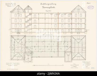 Jannasch, Garnison der Infanteriesperre in Mannheim. Kammergebäude (1899-1901): Grundriß Dachgeschoss, Längsschnitt 1: 100. Lithographie, 51,9 x 70,8 cm (einschließlich Scankanten) Stockfoto