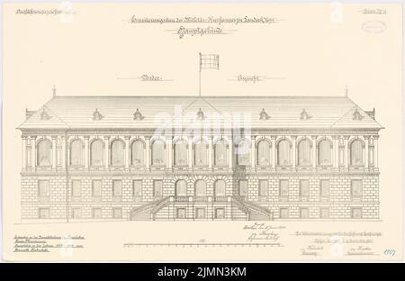 Unbekannter Architekt, Kaserne in Landeck/Schlesien. Erweiterung: Hauptgebäude (1897-1900): Riss Vorderansicht 1: 100. Lithographie, 47,9 x 73,8 cm (einschließlich Scankanten) Stockfoto