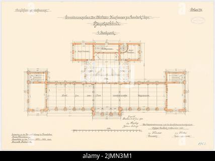 Unbekannter Architekt, Kaserne in Landeck/Schlesien. Erweiterung: Hauptgebäude (1897-1900): Grundriß 1. Stockwerk 1: 100. Lithographie, 47,8 x 68 cm (einschließlich Scankanten) Stockfoto