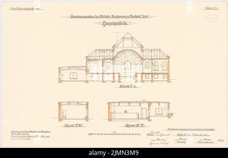 Unbekannter Architekt, Kaserne in Landeck/Schlesien. Erweiterung: Hauptgebäude (1897-1900): Querschnitte 1: 100. Lithographie, 47,9 x 73,7 cm (einschließlich Scankanten) Stockfoto