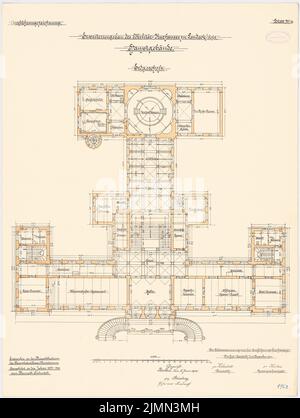 Unbekannter Architekt, Kaserne in Landeck/Schlesien. Erweiterung: Hauptgebäude (1897-1900): Grundriß Erdgeschoss 1: 100. Lithographie, 73,8 x 55,6 cm (einschließlich Scankanten) Stockfoto