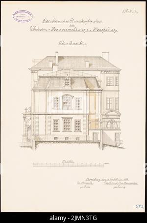 Unbekannter Architekt, Verwaltung Elbstrom in Magdeburg (ca. 1893): Osternansicht 1: 100. Lithographie, 48,7 x 33,8 cm (einschließlich Scankanten) Stockfoto