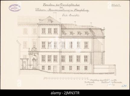 Unbekannter Architekt, Verwaltung Elbstrom in Magdeburg (ca. 1893): Riss Südsicht 1: 100. Lithographie, 33,7 x 48,4 cm (einschließlich Scankanten) Stockfoto