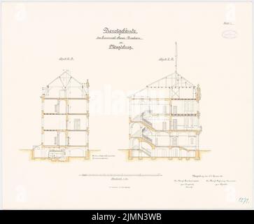 Unbekannter Architekt, Landessteuerdirektor in Magdeburg (ca. 1897): Querschnitte 1: 100. Lithographie, 58,4 x 70,8 cm (einschließlich Scankanten) Stockfoto