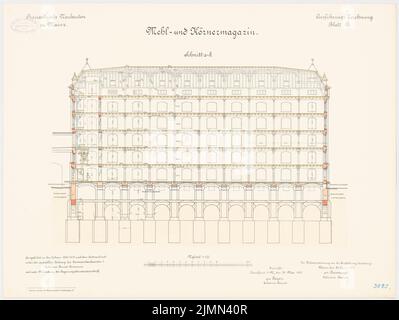 Reinmann, Provisant in Mainz. Mehl- und Getreidemagazin (1900-1904): Längsschnitt 1: 100. Lithographie, 48,8 x 65 cm (einschließlich Scankanten) Stockfoto