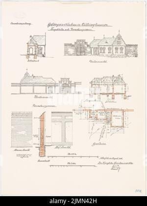 Unbekannter Architekt, Gefängnis Lüttringhausen (1906): Torgebäude: Grundriß, Ahnenfront, Rückansicht, Längsschnitt, Querschnitt 1: 100. Handelsmauer in den Träne der Straßen und Hofans. Lithographie, 70,9 x 53,2 cm (einschließlich Scankanten) Stockfoto