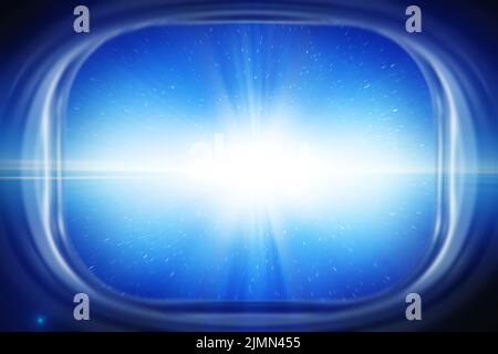 Blick vom Raumschiff-Fenster während der interstellaren Reise Stockfoto