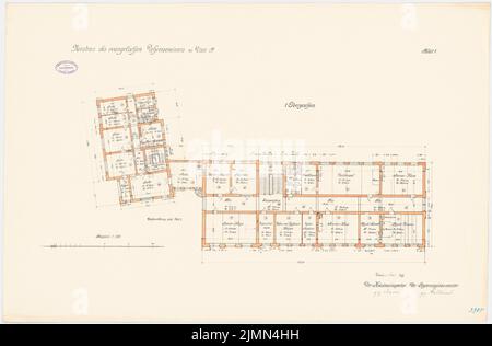 Unbekannter Architekt, evangelisches Lehrerseminar in Lissa (1909): Grundriß 1. Etage 1: 100. Lithographie, 66,6 x 101,3 cm (einschließlich Scankanten) Stockfoto