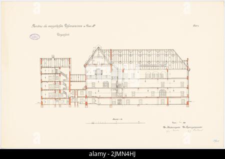 Unbekannter Architekt, evangelisches Lehrerseminar in Lissa (1909): Längsschnitt 1: 100. Lithographie, 66,6 x 100,6 cm (einschließlich Scankanten) Stockfoto