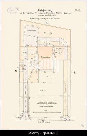 Unbekannter Architekt, Bezirksgericht Gefängnis Liebau (1891): Lageplan mit Gips 1: 200. Lithographie, 52 x 34,8 cm (einschließlich Scankanten) Stockfoto