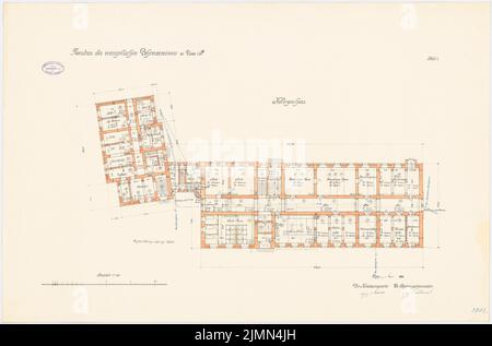 Unbekannter Architekt, evangelisches Lehrerseminar in Lissa (1909): Grundriss Keller 1: 100. Lithographie, 66,5 x 100,6 cm (einschließlich Scankanten) Stockfoto