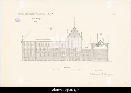 Unbekannter Architekt, evangelisches Lehrerseminar in Lissa (1909): Obere Westansicht (Rückansicht) 1: 100. Lithographie, 66,6 x 100,6 cm (einschließlich Scankanten) Stockfoto