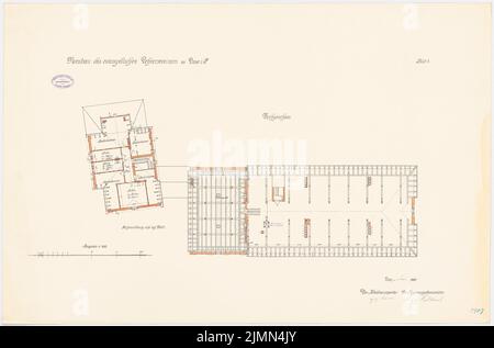 Unbekannter Architekt, evangelisches Lehrerseminar in Lissa (1909): Grundriß Obergeschoß 1: 100. Lithographie, 66,6 x 101 cm (einschließlich Scankanten) Stockfoto