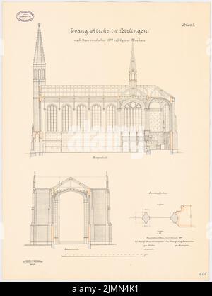 Unbekannter Architekt, Evangelische Kirche in Letzlingen (1892): Längsschnitt, Querschnitt 1: 100. Lithographie, 70,9 x 53,4 cm (einschließlich Scankanten) Stockfoto