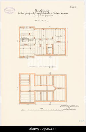 Unbekannter Architekt, Bezirksgericht Gefängnis Liebau (1891): Grundrissbalken im Erdgeschoss und Dachgeschoss 1: 100. Lithographie, 51,7 x 35 cm (einschließlich Scankanten) Stockfoto