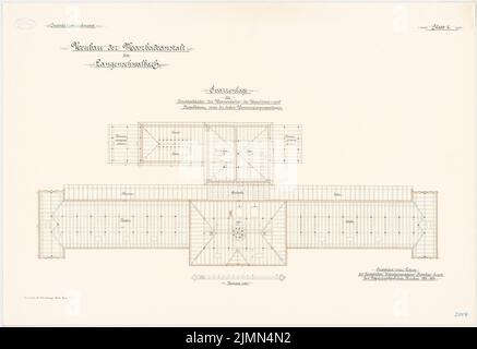 Böttcher, Moorbadanstalt in Langenschwalbach. Hauptgebäude, Maschinen- und Kesselhaus, Rohrkanal (1903-1905): Grundriß Sparren 1: 100. Lithographie, 69,3 x 100,8 cm (einschließlich Scankanten) Stockfoto