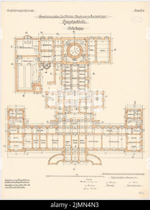 Unbekannter Architekt, Kaserne in Landeck/Schlesien. Erweiterung: Hauptgebäude (1897-1900): Grundriss Keller 1: 100. Lithographie, 73,9 x 55,6 cm (einschließlich Scankanten) Stockfoto