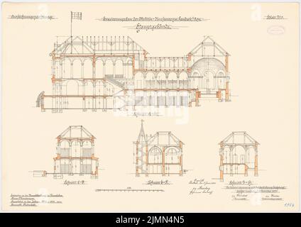 Unbekannter Architekt, Kaserne in Landeck/Schlesien. Erweiterung: Hauptgebäude (1897-1900): Längsschnitt, Querschnitte 1: 100. Lithographie, 52,2 x 73,8 cm (einschließlich Scankanten) Stockfoto