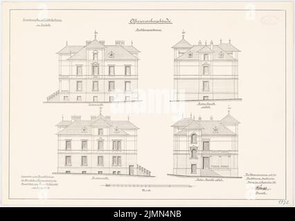 Unbekannter Architekt, Kaserne in Landeck/Schlesien. Erweiterung: Officer House (1897-1900): Riss Vorderansicht, Rückansicht, Seitenaufrufe 1: 100. Lithographie, 51,9 x 73,7 cm (einschließlich Scankanten) Stockfoto