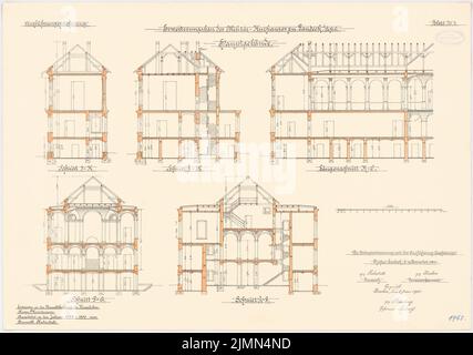 Unbekannter Architekt, Kaserne in Landeck/Schlesien. Erweiterung: Hauptgebäude (1897-1900): Längsschnitt, Querschnitte 1: 100. Lithographie, 51,7 x 73,6 cm (einschließlich Scankanten) Stockfoto