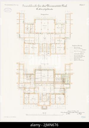 Unbekannter Architekt, verrückte Klinik der Christian-Albrechts-Universität zu Kiel. Hauptgebäude (ca. 1902): Grundriss KG, EG, 1: 100. Lithographie, 69 x 50,5 cm (einschließlich Scankanten) Stockfoto