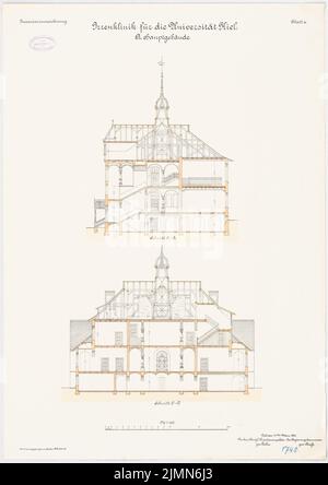 Unbekannter Architekt, verrückte Klinik der Christian-Albrechts-Universität zu Kiel. Hauptgebäude (ca. 1902): Querschnitt und Längsschnitt 1: 100. Lithographie, 79,2 x 56 cm (einschließlich Scankanten) Stockfoto