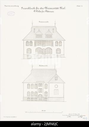 Unbekannter Architekt, verrückte Klinik der Christian-Albrechts-Universität zu Kiel. Villa für Männer (ca. 1902): Vorder- und Rückansicht 1: 100. Lithographie, 68,4 x 50,5 cm (einschließlich Scankanten) Stockfoto