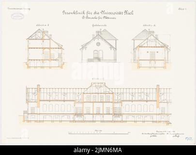 Unbekannter Architekt, verrückte Klinik der Christian-Albrechts-Universität zu Kiel. Baracke für Männer (ca. 1902): Querschnitte, Längsschnitt, Giebel-Ansicht, 1: 100. Lithographie, 50,9 x 68,7 cm (einschließlich Scankanten) Stockfoto