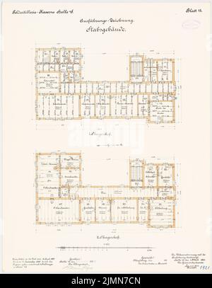 Knoch & Kallmeyer, Feldartilleriekaserne in Halle/Saale (1899-1902): Stichgebäude: Grundrisse 1. und 2.. Lithographie, 65,5 x 50,7 cm (einschließlich Scankanten) Stockfoto