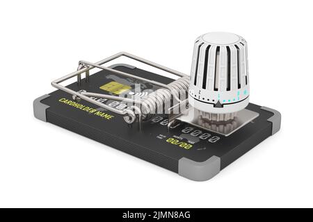 Mausefalle und Heizungsthermostat auf weißem Hintergrund. Isolierte 3D-Abbildung Stockfoto