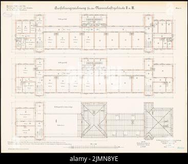 Benda, Kavallerie-Kaserne in Mülhausen (1906-1908): Mannschaftsgebäude II. Und III: Grundriß 1., 2. und 3. Boden mit Sparren 1: 100. Lithographie, 74 x 90,4 cm (einschließlich Scankanten) Stockfoto