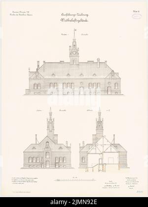 Rokohl, Kavallerie-Kaserne in Münster (1898-1901): Hofgebäude: Obere Vorderansicht, Seitenansicht, Querschnitt 1: 100. Lithographie, 88,7 x 66,7 cm (einschließlich Scankanten) Stockfoto