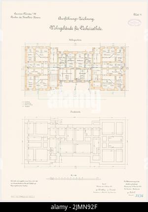 Rokohl, Kavallerie-Kaserne in Münster (1898-1901): Familienwohngebäude: Grundrisse Fundamente, Keller 1: 100. Lithographie, 69,1 x 50,6 cm (einschließlich Scankanten) Stockfoto