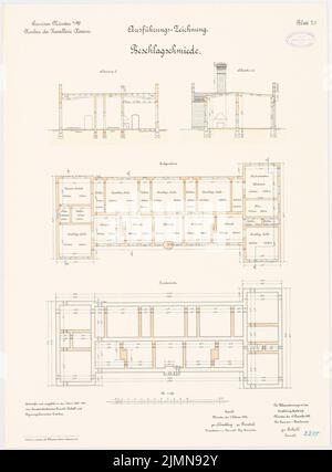 Rokohl, Kavallerie-Kaserne in Münster (1898-1901): Zeichnungsschmiede: Grundrissfundamente, Erdgeschoss, Querschnitte 1: 100. Lithographie, 68,9 x 50,8 cm (einschließlich Scankanten) Stockfoto