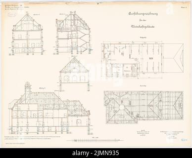 Benda, Kavallerie-Kaserne in Mülhausen (1906-1908): Hofgebäude: Grundriß Dachboden, Dachsparren, Längsschnitt, Querschnitt 1: 100. Lithographie, 76,7 x 99,1 cm (einschließlich Scankanten) Stockfoto