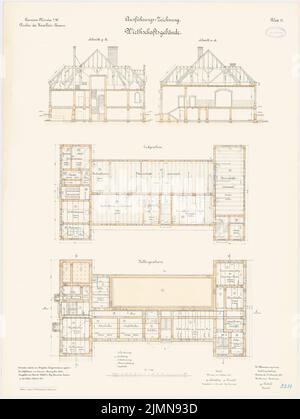 Rokohl, Kavallerie-Kaserne in Münster (1898-1901): Hofgebäude: Grundriß Keller, Erdgeschoss, Querschnitte 1: 100. Lithographie, 88,6 x 66,7 cm (einschließlich Scankanten) Stockfoto