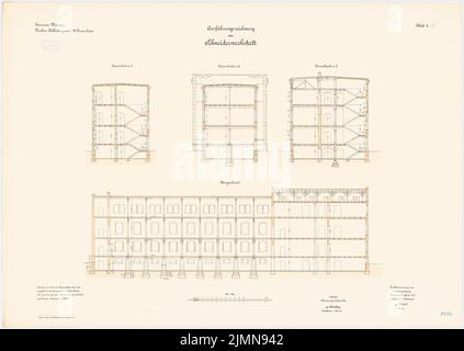 Hahn, Bekleidungsbüro des VII. Armeekorps in Münster (1898-1901): Segelwerkstatt: Längsschnitt, Querschnitte 1: 100. Lithographie, 72,7 x 102,5 cm (einschließlich Scankanten) Stockfoto