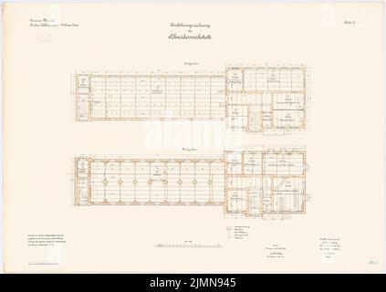 Hahn, Bekleidungsbüro des VII. Armeekorps in Münster (1898-1901): Segelwerkstatt: Grundriß Keller, EG 1: 100. Lithographie, 72,9 x 102,7 cm (einschließlich Scankanten) Stockfoto